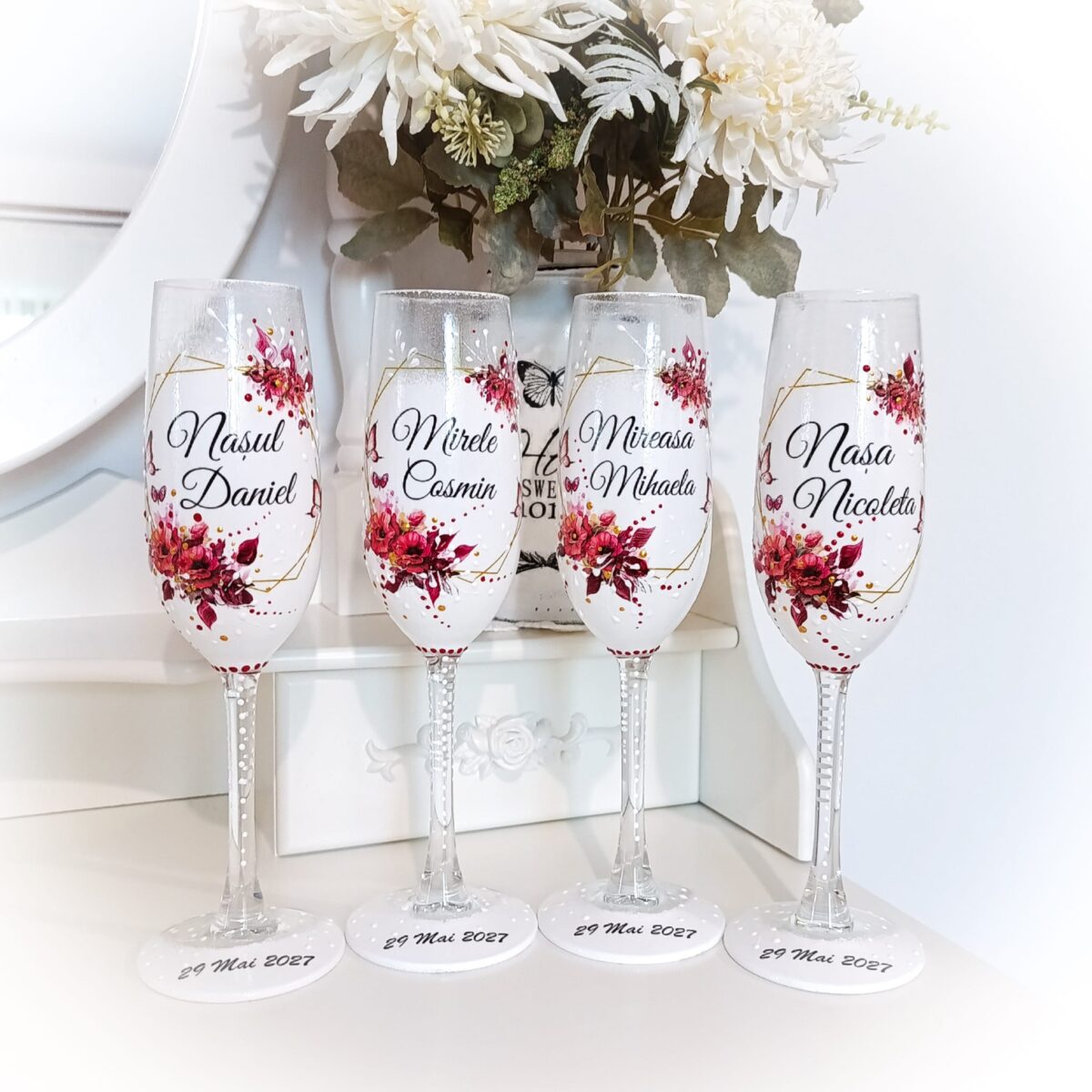 Pahare de nunta personalizate cu flori rosii - imagine 2