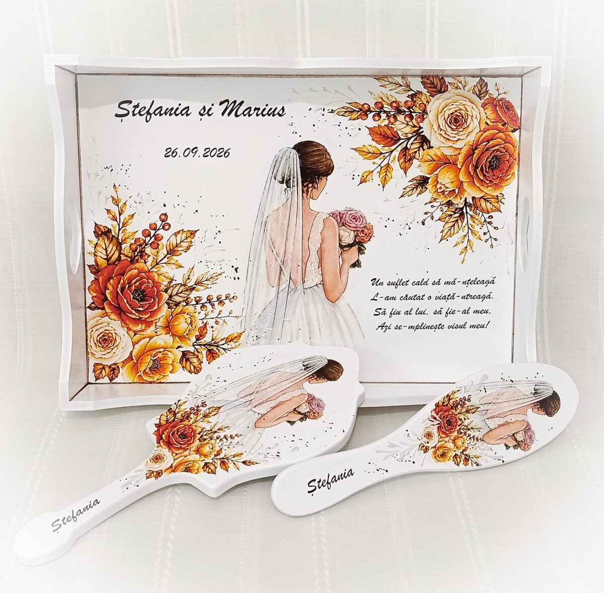 Tavita/set de mireasă personalizat cu flori de toamnă