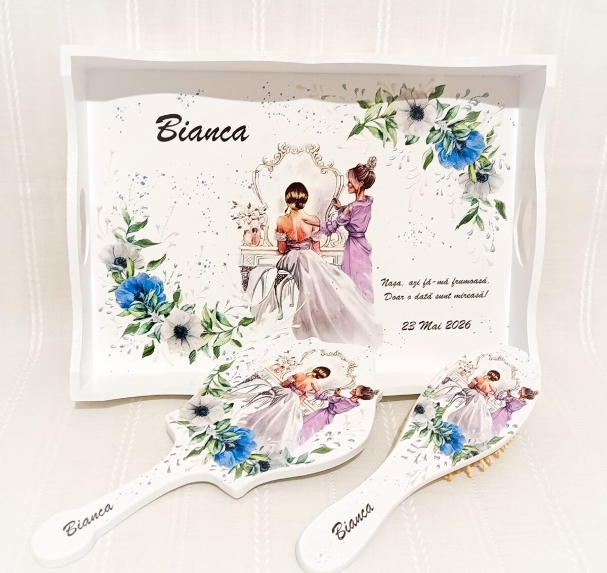 Tavita/set de mireasa personalizat cu flori albastre