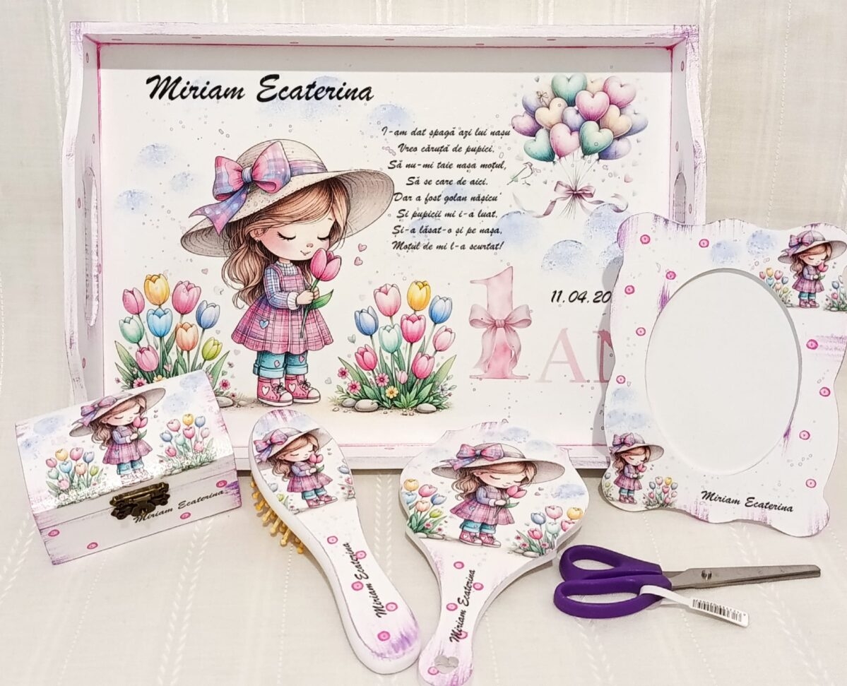 Tavita/set de mot fetita cu lalele si baloane