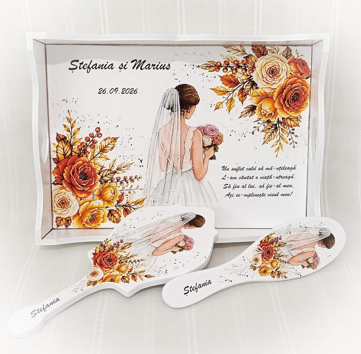 Tavita/set de mireasă personalizat cu flori de toamnă